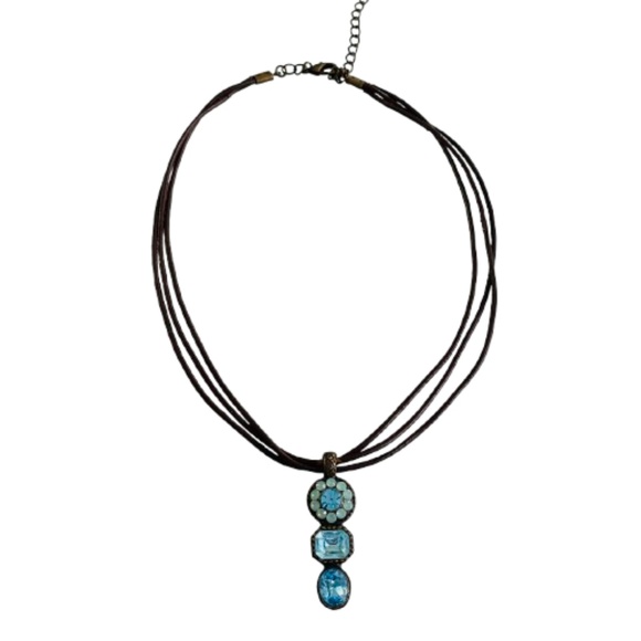 VAN GALZ SWAROVSKI CRYSTALS PENDANT LEATHER CHOKER BLUE VINTAGE - Picture 2 of 3